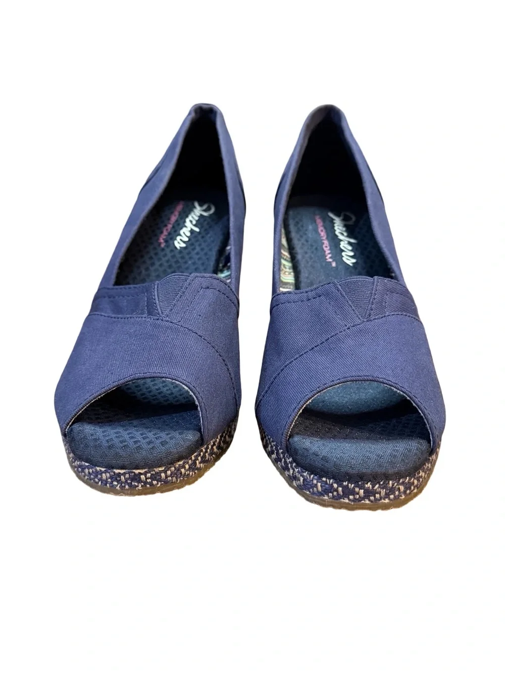 Skechers Navy Blue Canvas Peep-Toe Espadrille Wedge Shoes Women's Size 9